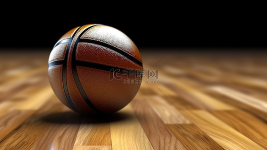 自上而下的 3D 渲染篮球在木球场地板上