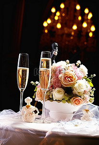 桌上的香槟和蛋糕婚礼