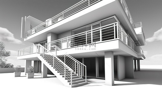 个人名片建筑背景图片_从独特的角度看带用餐区建筑草图的阳台房的 3D 插图
