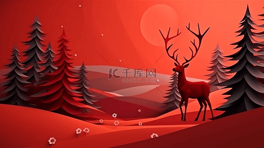 红色梅花鹿背景图片_圣诞节白色精美小花朵梅花鹿