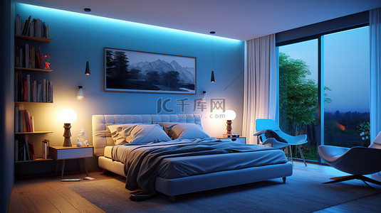实物书房背景图片_蓝墙卧室室内设计夜间 3D 渲染与环境夜间照明