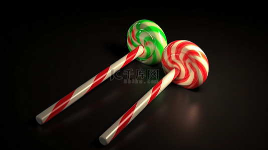 节日红色和绿色圣诞糖果棒棒糖的 3d 渲染
