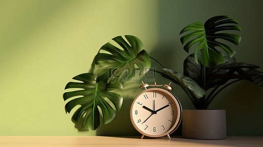 龟背竹开花背景图片_龟背竹植物场景 3d 渲染中的时钟和阴影