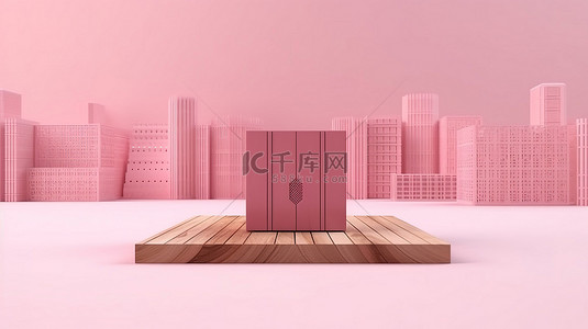 上天背景图片_3D 粉红色背景上天房建筑和木制讲台的粉红色效果图