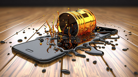 油手机背景图片_石油工业中溅出的原油中的桶和智能手机 3d 渲染图像