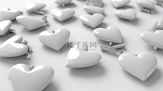 白色浪漫背景图片_白色背景下的 3D 渲染白色心形别针徽章