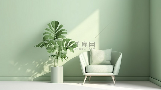 带有遮阳阴影的扶手椅和植物概念的单色柔和绿色 3D 渲染