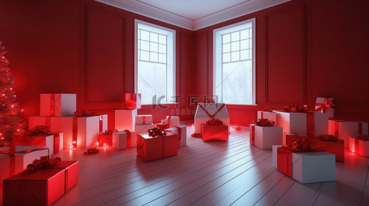 宴会厅背景图片_装饰着色彩缤纷的 3D 渲染节日礼物的节日房间