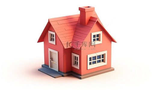 房子图标背景图片_单独站在白色背景上的 3d 插图中的卡通房子图标