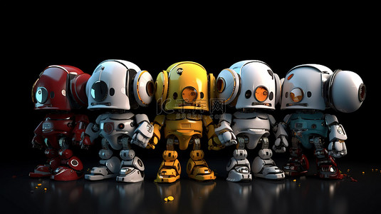 一群可爱的机器人的迷人卡通人物 3D 渲染