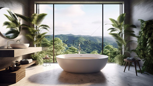 陶瓷背景背景图片_配有浴缸和自然景观的浴室的 3D 渲染