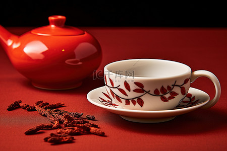 红枸杞背景图片_枸杞茶杯和茶碟位于红枸杞旁边