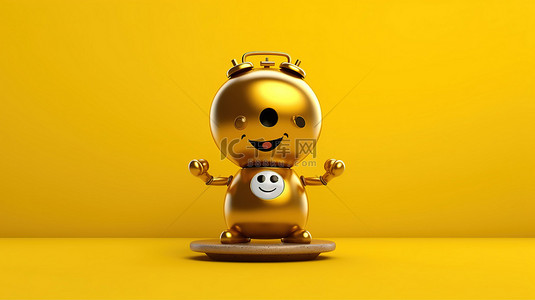 黄色背景的充满活力的 3D 渲染，吉祥物拿着金奖奖杯和闹钟