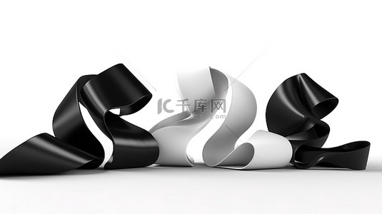 丝带黑色背景图片_优雅的单色丝带横幅装饰着 3D 创建的干净的白色背景