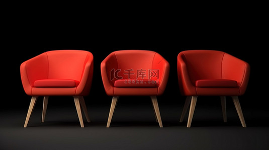 回家红色背景图片_光滑的红色扶手椅在 3D 渲染中脱颖而出，与黑色隔离相映成趣