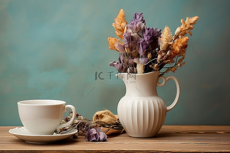 一个杯子和碟子杯子和一个花瓶，里面装着秋天的彩色花朵