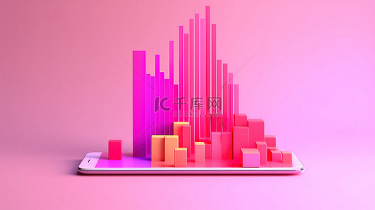 开发移动应用程序和网站粉红色背景上的 3D 条形图信息图