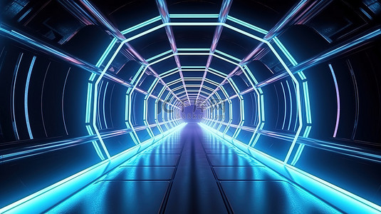 科技感蓝色背景背景图片_带有霓虹灯和宇宙飞船灵感设计的未来派走廊