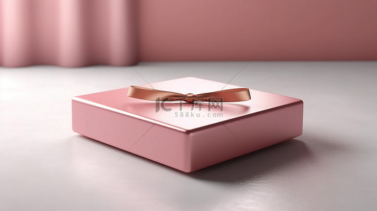 玫瑰金丝带粉色礼品盒的 3D 渲染，带有充足的复制空间