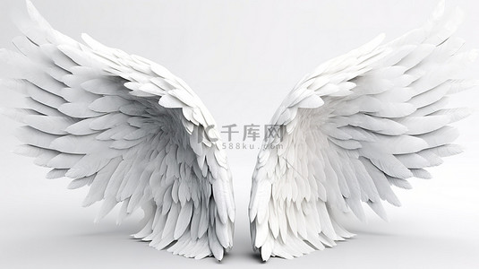 3d白背景图片_3D 插图中孤立的白色羽毛天使翅膀
