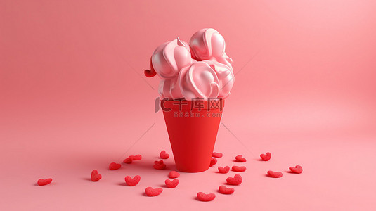 甜蜜与浪漫背景图片_粉红色背景与红色心形冰淇淋的 3d 渲染