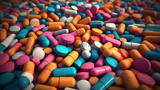 药店导视牌背景图片_充满活力的各种药丸和片剂未来概念 3D 渲染
