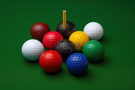 打高尔夫球模特背景图片_一组色彩缤纷的高尔夫球，球座周围环绕着绿草
