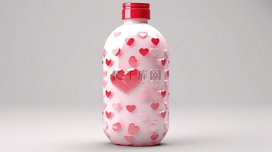 塑料瓶样机背景图片_带气泡和心形包装的液体肥皂塑料瓶的 3D 渲染