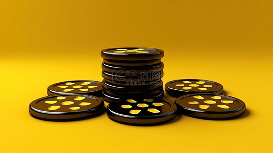 井字游戏的 3D 插图，在充满活力的黄色背景上带有黑色赌场筹码