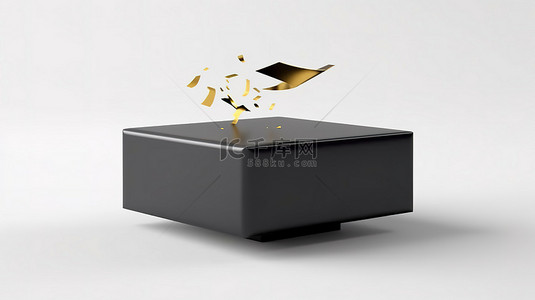 白色工作室 3D 渲染中优雅的飞行黑色和金色滑动盒模型