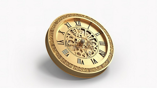 c语言图标背景图片_复古圆形时钟在金色古代 3D 插图上孤立的白色背景与秒表图标标志
