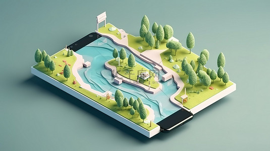 夏日旅游背景背景图片_带有智能手机的独立浮动道路，在令人惊叹的等距景观 3D 插图中