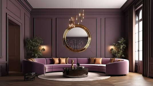 大厅样机背景图片_豪华 3D 客厅紫色和棕色墙壁弯曲沙发内部场景和样机