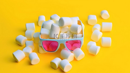 黄色表面简约波普艺术上带有棉花糖浮雕设计的 3D 纸眼镜