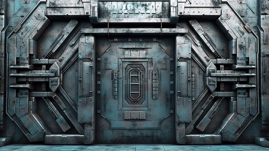 质朴的科幻屏障 3D 渲染装甲未来派网络门在技术墙背景上与金属划痕