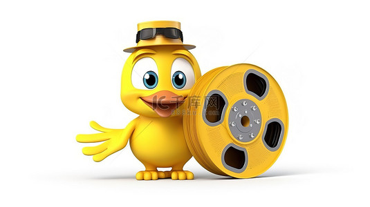 3D 渲染可爱的黄色卡通鸭吉祥物，在白色背景上拿着一个电影卷轴