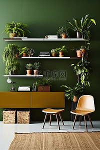 配有木制家具和盆栽植物的绿色墙壁