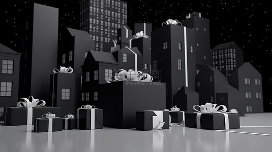 大礼品盒背景图片_大规模黑色星期五促销，包括礼品盒和节日玻璃圣诞装饰品 3D 渲染
