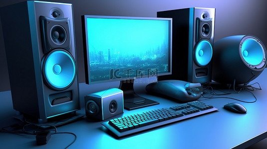 数字工作空间必需品 PC 显示器键盘鼠标和扬声器以 3D 渲染