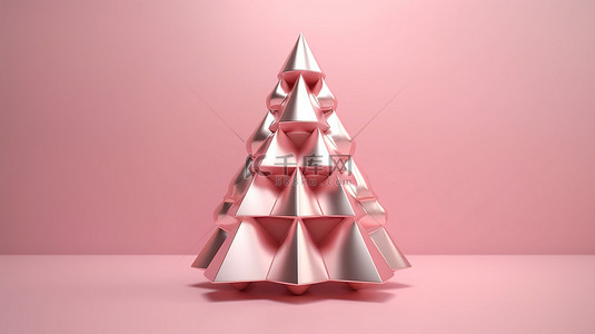 上新装饰背景图片_粉红色背景上的几何金属圣诞树抽象 3D 渲染