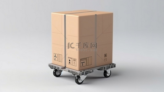 轮子背景图片_高效物流 3D 渲染轮子纸板包裹箱，用于白色背景下的运输和交付