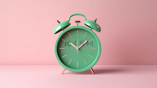 时钟数字背景图片_3D 渲染中带有圆形粉色时钟图标的绿色背景前视图