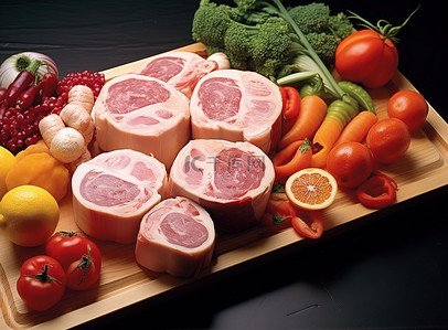 木托盘上放着猪肉，旁边放着蔬菜和水果