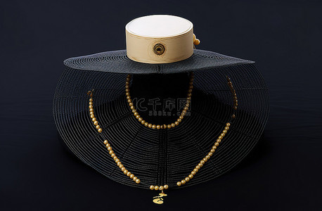 一顶黑色帽子，上面附有一条雕刻项链