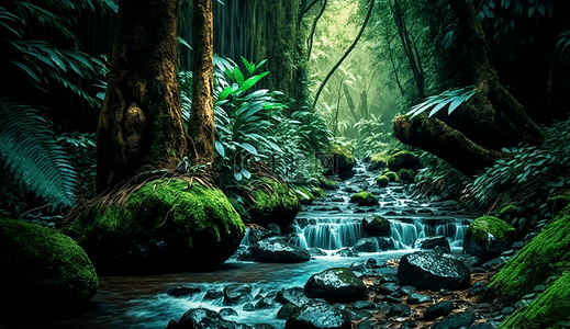 草地树林风景背景图片_雨中的森林小溪流水树叶风景绿色自然背景