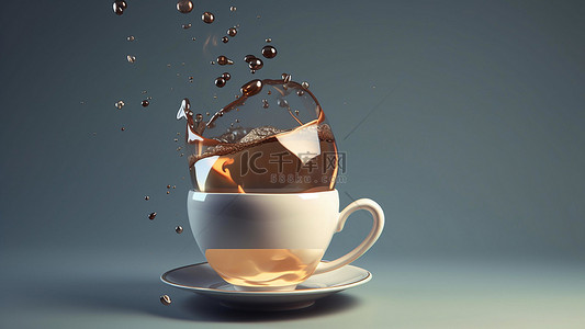 立体咖啡拉花背景图片_咖啡饮品杯子棕色水珠