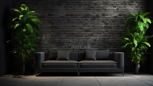 光滑的沙发和混凝土地板上郁郁葱葱的植物与 3D 渲染中的黑砖墙相映成趣