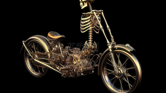 3d 渲染中蒸汽朋克自行车上闪亮金属骨架的孤立前视图