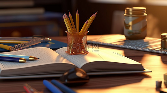 优雅的 3D 教育插图在学校背景下用笔记本和铅笔特写学生的桌子