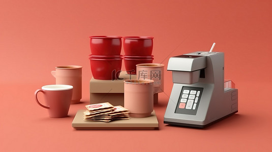 一次性咖啡杯 pos 终端信用卡和硬币套装的模型 3D 渲染